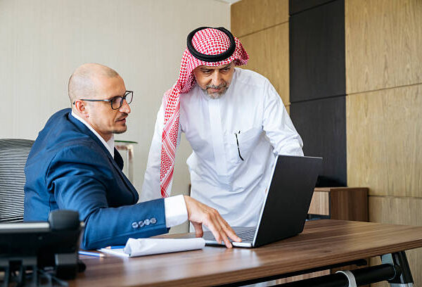 Two multi racial business partners discussing in modern office, global business, leadership, business and finance